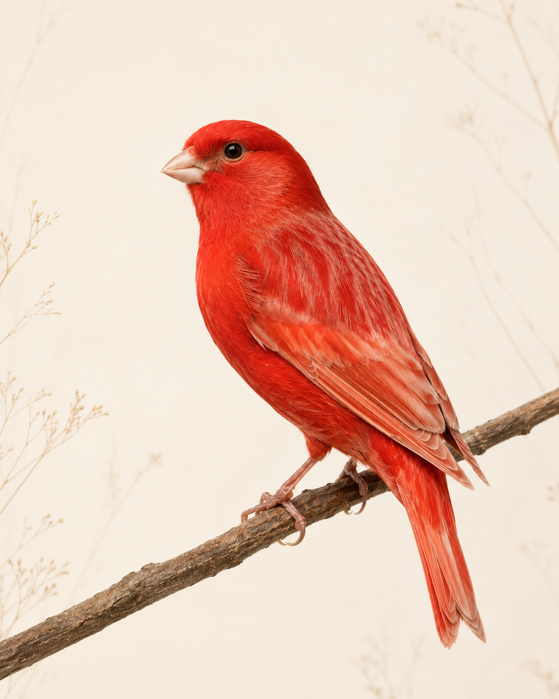 Red Factor canary perched on a natural branch